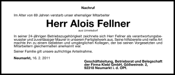 Traueranzeige von Alois Fellner von Nürnberger Nachrichten