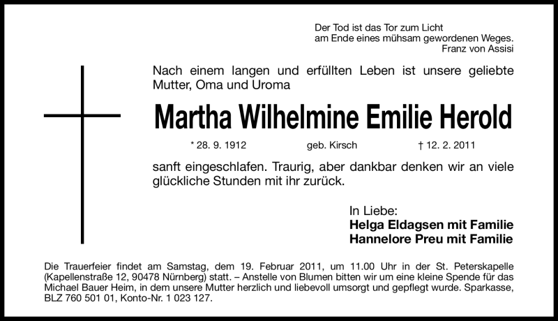 Traueranzeige für Martha Wilhelmine Emilie Herold vom 16.02.2011 aus Nürnberger Nachrichten