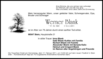 Traueranzeige von Werner Blank von Nürnberger Nachrichten