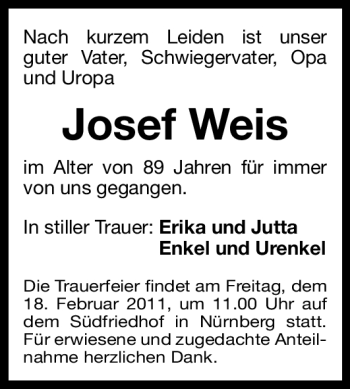 Traueranzeige von Josef Weiß von Nürnberger Nachrichten
