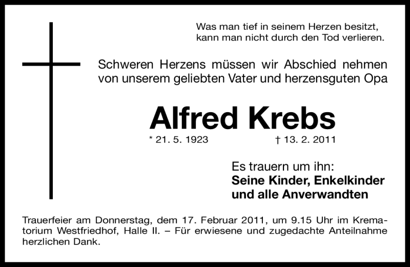  Traueranzeige für Alfred Krebs vom 16.02.2011 aus Nürnberger Nachrichten
