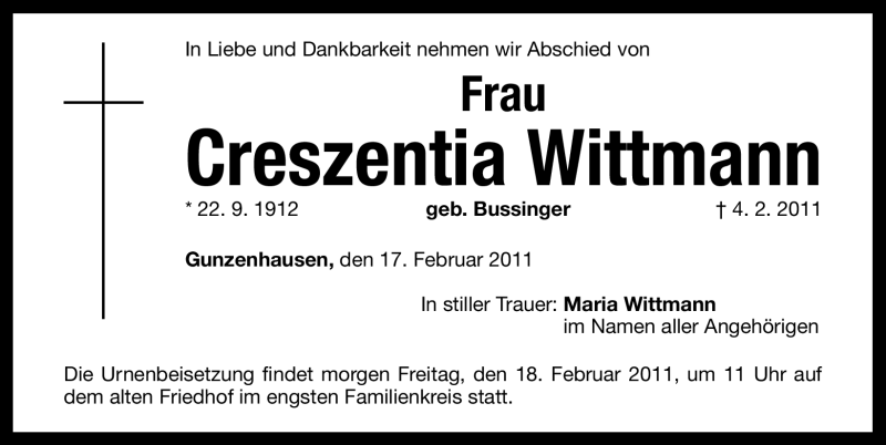  Traueranzeige für Creszentia Wittmann vom 17.02.2011 aus Nürnberger Nachrichten
