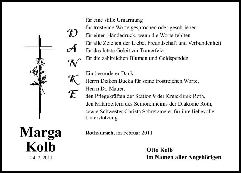  Traueranzeige für Marga Kolb vom 17.02.2011 aus Nürnberger Nachrichten