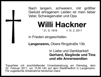 Traueranzeige von Willi Hackner von Nürnberger Nachrichten