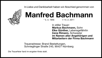 Traueranzeige von Manfred Bachmann von Nürnberger Nachrichten