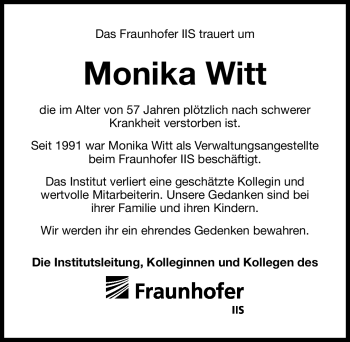 Traueranzeige von Monika Witt von Nürnberger Nachrichten