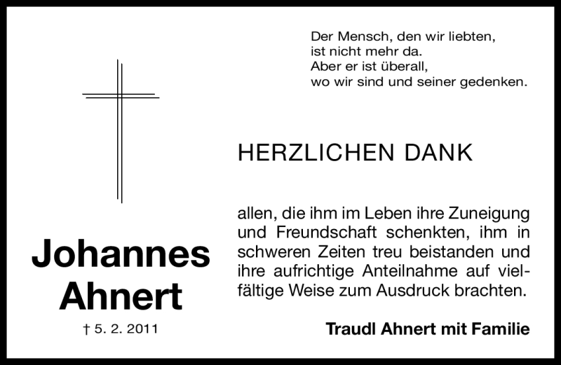  Traueranzeige für Johannes Ahnert vom 19.02.2011 aus Nürnberger Nachrichten