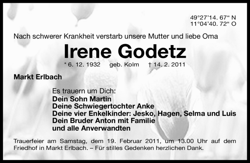  Traueranzeige für Irene Godetz vom 17.02.2011 aus Nürnberger Nachrichten
