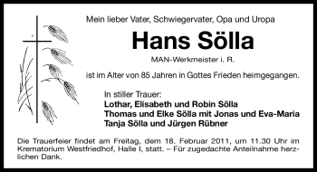 Traueranzeige von Hans Sölla von Nürnberger Nachrichten