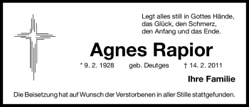 Traueranzeige von Agnes Rapior von Nürnberger Nachrichten