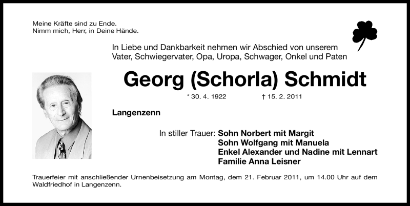  Traueranzeige für Georg Schmidt vom 18.02.2011 aus Nürnberger Nachrichten