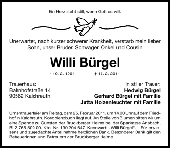 Traueranzeige von Willi Bürgel von Nürnberger Nachrichten