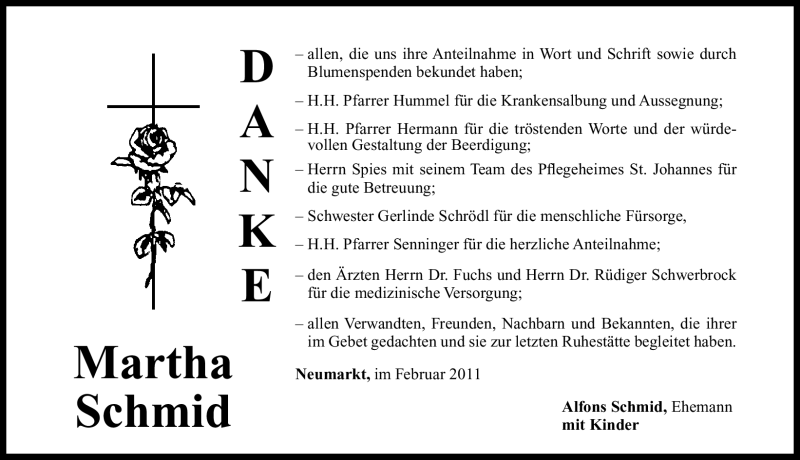  Traueranzeige für Martha Schmid vom 19.02.2011 aus Nürnberger Nachrichten