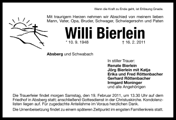 Traueranzeige von Willi Bierlein von Nürnberger Nachrichten