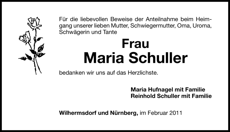  Traueranzeige für Maria Schuller vom 22.02.2011 aus Nürnberger Nachrichten