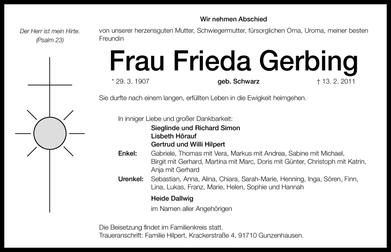  Traueranzeige für Frieda Gerbing vom 19.02.2011 aus Nürnberger Nachrichten