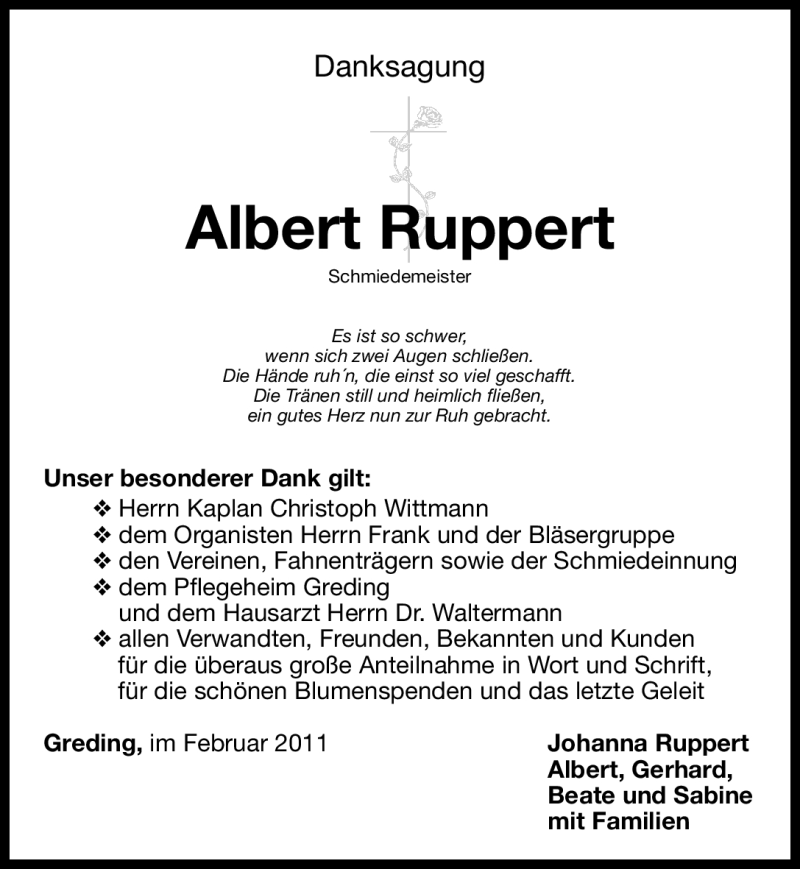  Traueranzeige für Albert Ruppert vom 19.02.2011 aus Nürnberger Nachrichten
