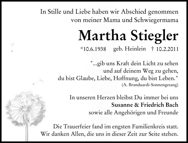  Traueranzeige für Martha Stiegler vom 19.02.2011 aus Nürnberger Nachrichten
