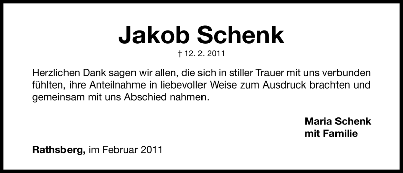  Traueranzeige für Jakob Schenk vom 19.02.2011 aus Nürnberger Nachrichten