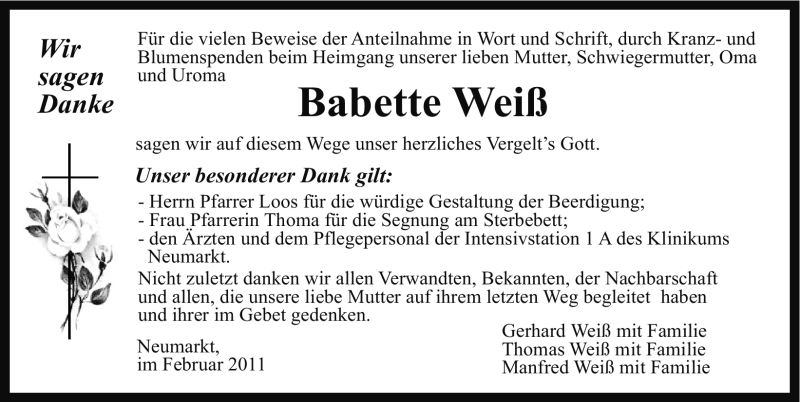  Traueranzeige für Babette Weiß vom 19.02.2011 aus Nürnberger Nachrichten