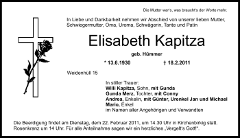 Traueranzeige von Elisabeth Kapitza von Nürnberger Nachrichten