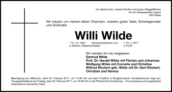 Traueranzeige von Willi Wilde von Nürnberger Nachrichten