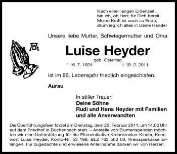 Traueranzeige von Luise Heyder von Nürnberger Nachrichten