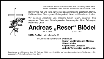 Traueranzeige von Andreas Blödel von Nürnberger Nachrichten