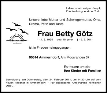 Traueranzeige von Betty Götz von Nürnberger Nachrichten