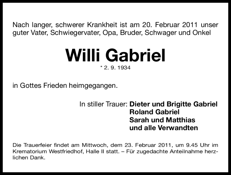  Traueranzeige für Willi Gabriel vom 21.02.2011 aus Nürnberger Nachrichten