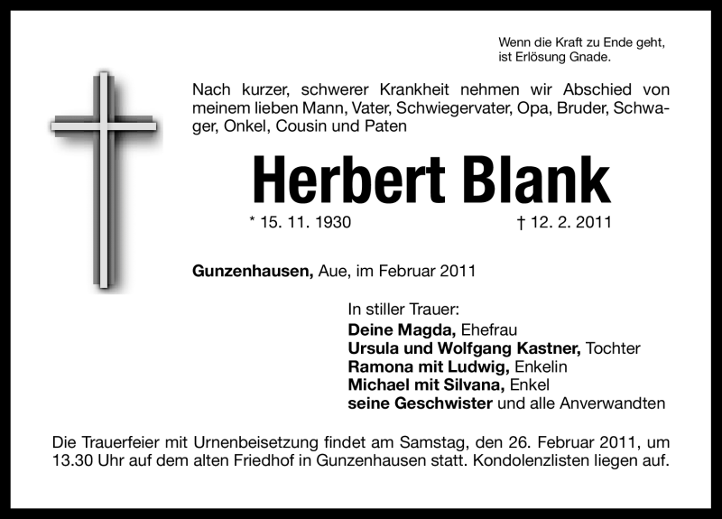  Traueranzeige für Herbert Blank vom 24.02.2011 aus Nürnberger Nachrichten