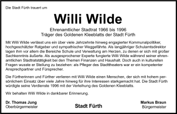Traueranzeige von Willi Wilde von Nürnberger Nachrichten