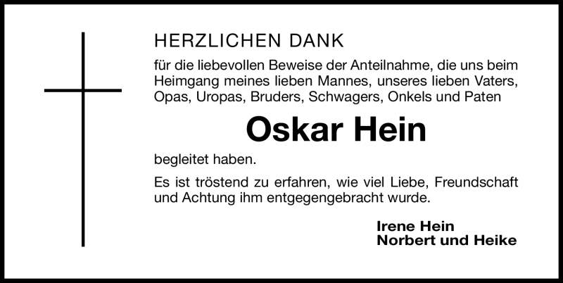  Traueranzeige für Oskar Hein vom 22.02.2011 aus Nürnberger Nachrichten