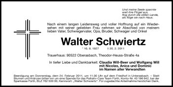 Traueranzeige von Walter Schwiertz von Nürnberger Nachrichten