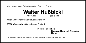 Traueranzeige von Walter Nußbickl von Nürnberger Nachrichten