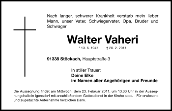 Traueranzeige von Walter Vaheri von Nürnberger Nachrichten