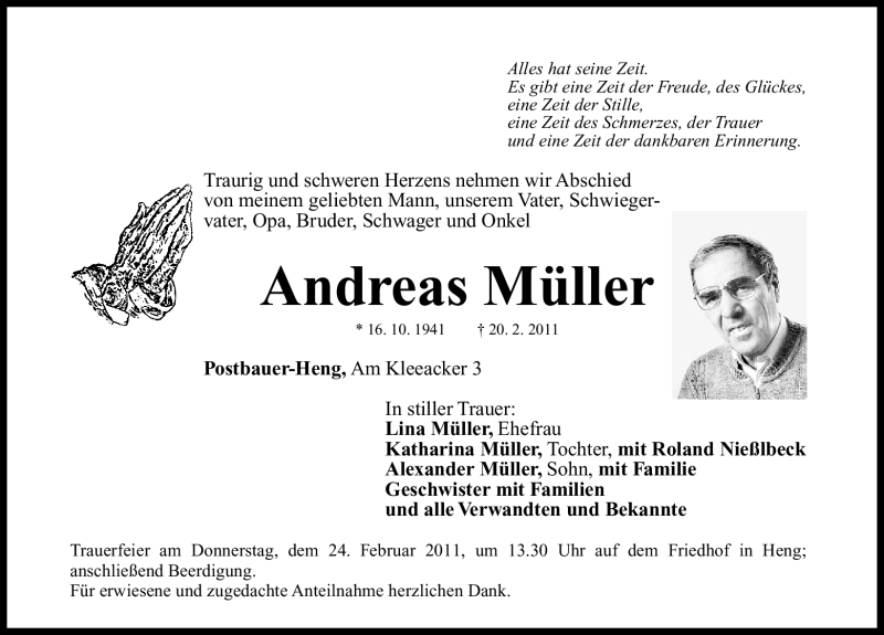  Traueranzeige für Andreas Müller vom 22.02.2011 aus Nürnberger Nachrichten