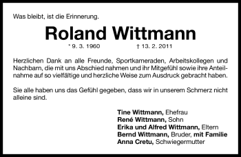 Traueranzeige von Roland Wittmann von Nürnberger Nachrichten