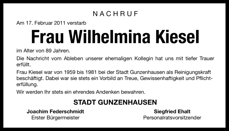  Traueranzeige für Wilhelmina Kiesel vom 23.02.2011 aus Nürnberger Nachrichten