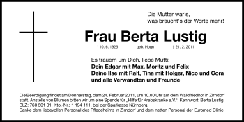 Traueranzeige von Berta Lustig von Nürnberger Nachrichten