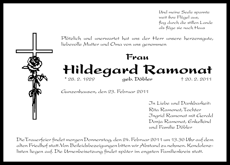  Traueranzeige für Hildegard Ramonat vom 23.02.2011 aus Nürnberger Nachrichten