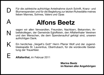 Traueranzeige von Alfons Beetz von Nürnberger Nachrichten