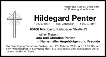 Traueranzeige von Hildegard Penter von Nürnberger Nachrichten