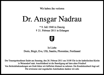 Traueranzeige von Ansgar Nadrau von Nürnberger Nachrichten
