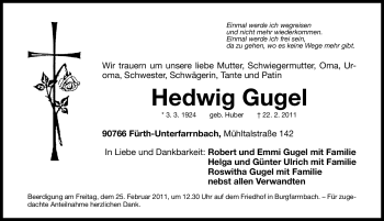 Traueranzeige von Hedwig Gugel von Nürnberger Nachrichten