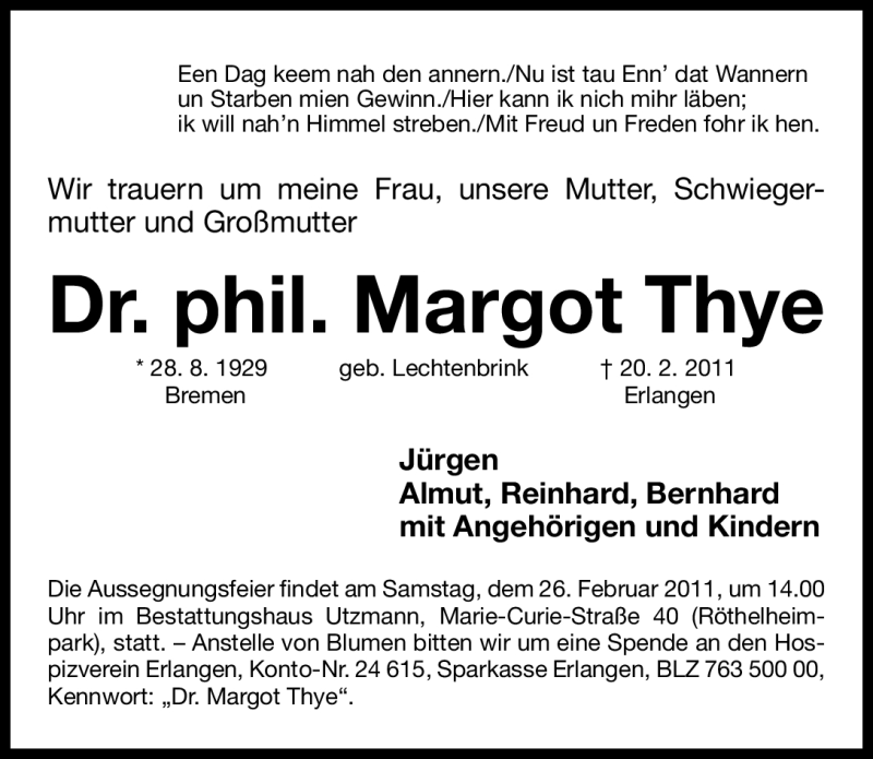  Traueranzeige für Margot Thye vom 23.02.2011 aus Nürnberger Nachrichten
