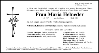 Traueranzeige von Maria Helneder von Nürnberger Nachrichten
