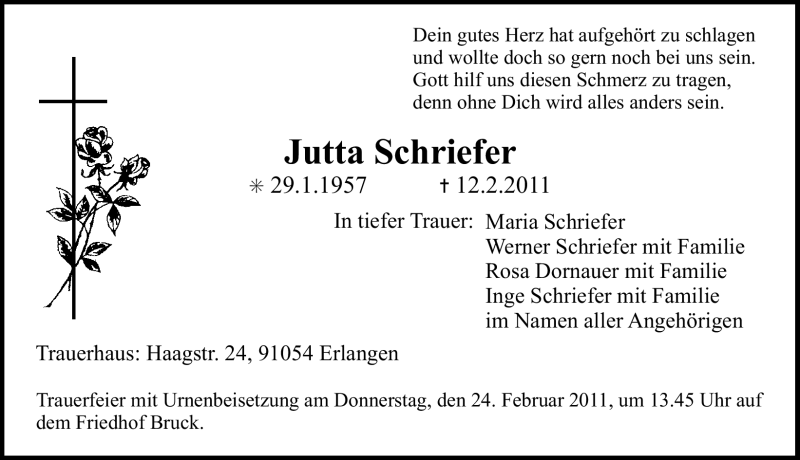  Traueranzeige für Jutta Schriefer vom 23.02.2011 aus Nürnberger Nachrichten