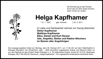 Traueranzeige von Helga Kapfhamer von Nürnberger Nachrichten