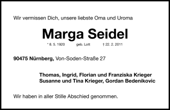 Traueranzeige von Marga Seidel von Nürnberger Nachrichten